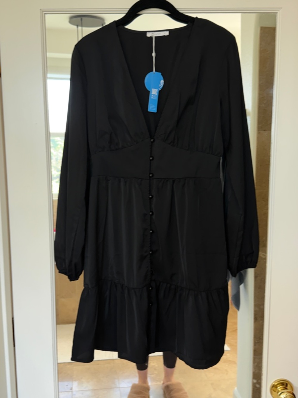 Cupshe Black Button-Front Long Sleeve Tiered Dress